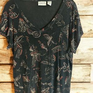 Chico's Travelers Black Abstract Floral V-Neck‎ Short Sleeve Shirt 2 Medium